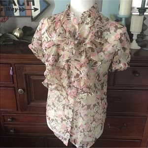 ❤️Ralph Lauren sheer tan Floral blouse Ruffle xs